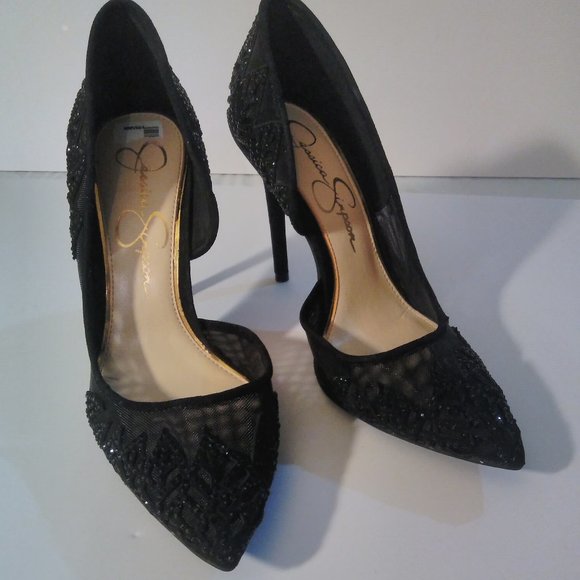 JESSICA SIMPSON 7 BLACK MESH SPARKLY RHINESTONE STILETTO HEELS holiday Christmas - Picture 11 of 16